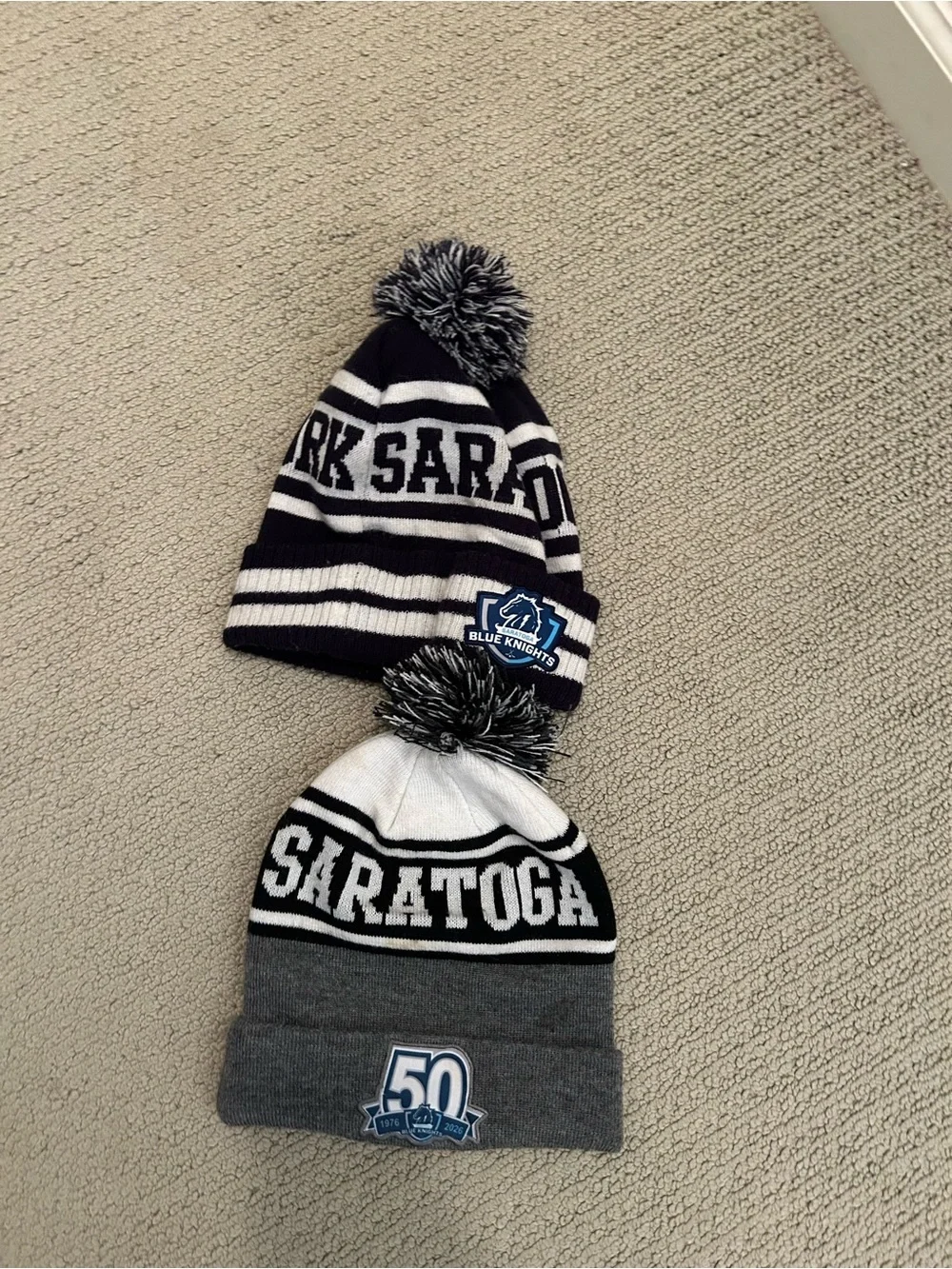 Saratoga Blue Knights Pom Beanies - Black, White & Gray